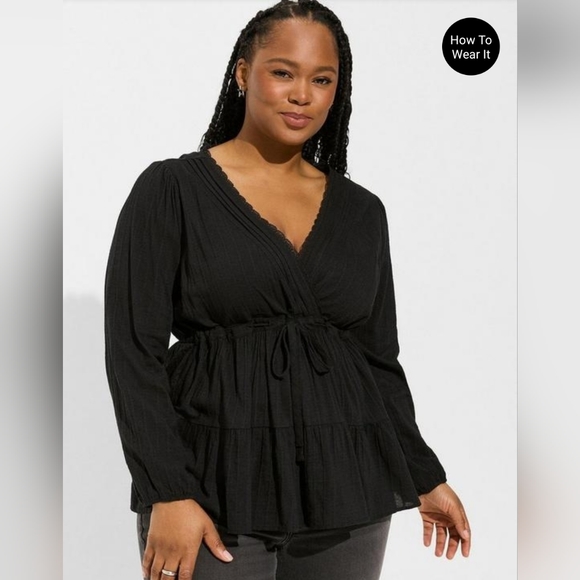 Torrid, Babydoll Cotton Surplice Tiered Top in Black - Picture 3 of 3